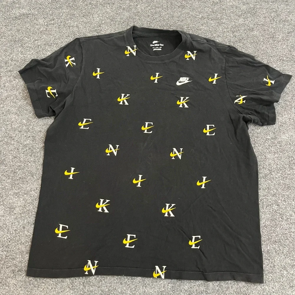 Nike T-Shirt Mens Size XL Black All Over Print Logo Graphic Cotton Short Sleeve